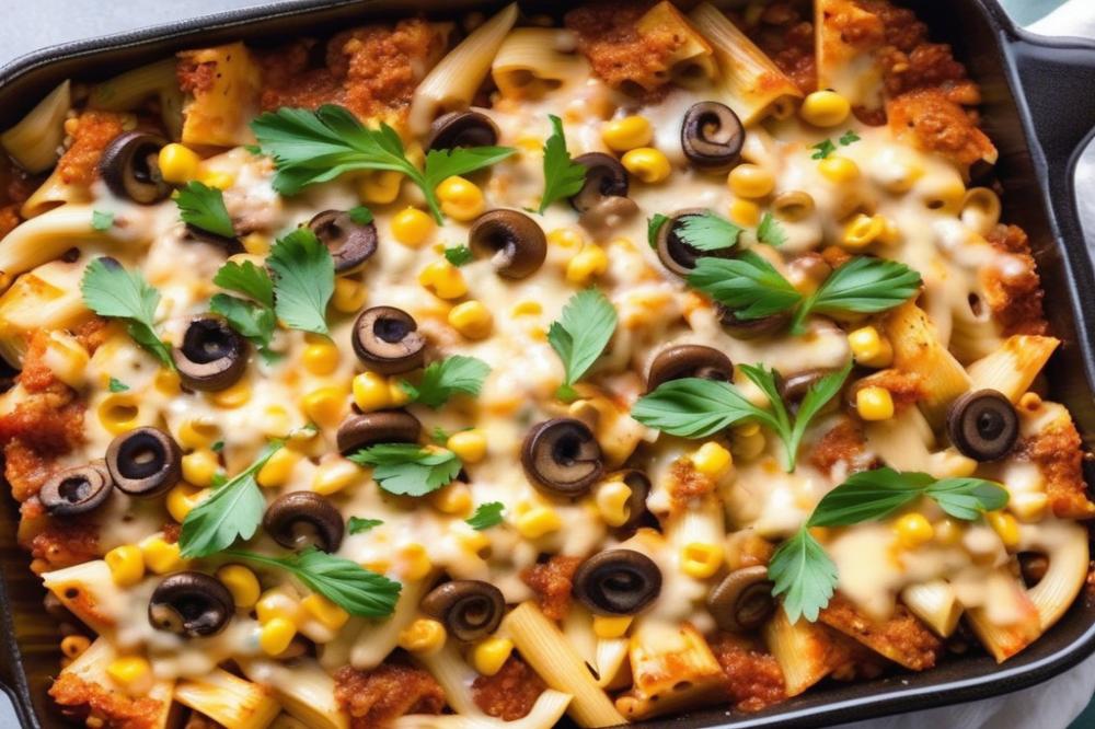 Delicious Cheesy Baked Ziti With Roasted Mushrooms & Corn