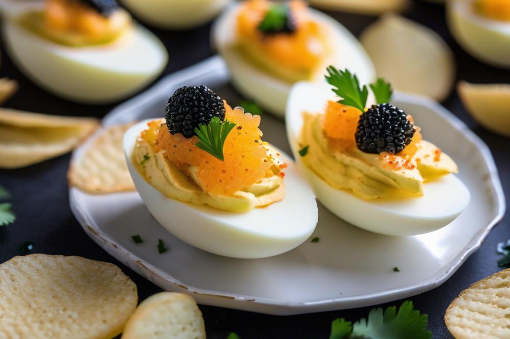 Delicious Deviled Eggs With Caviar And Crunchy Potato Chips