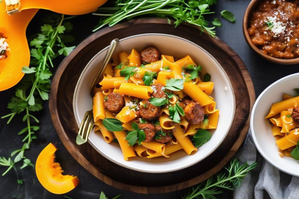 Delicious Vegan Butternut Squash Pasta With Veggie Sausage Recipe