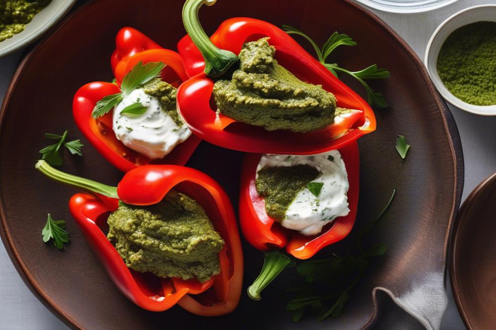 Delicious Vegetarian Stuffed Red Peppers With Pesto & Ricotta