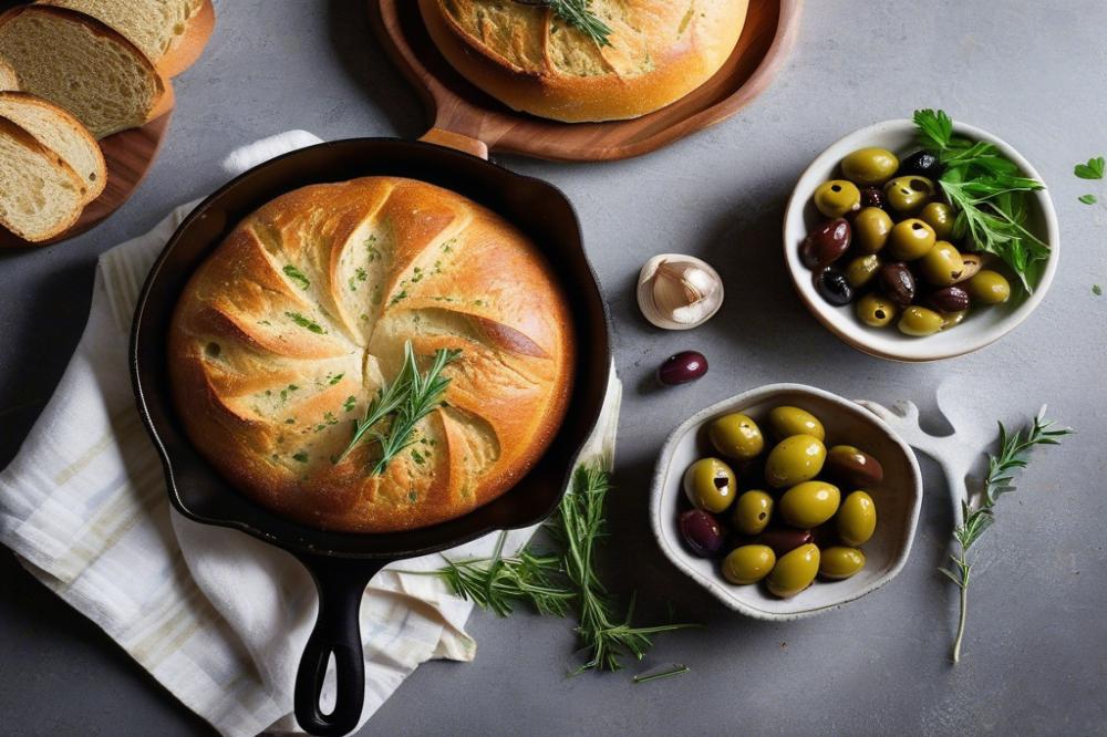 Easy Roasted Garlic No-Knead Skillet Bread With Olives Recipe