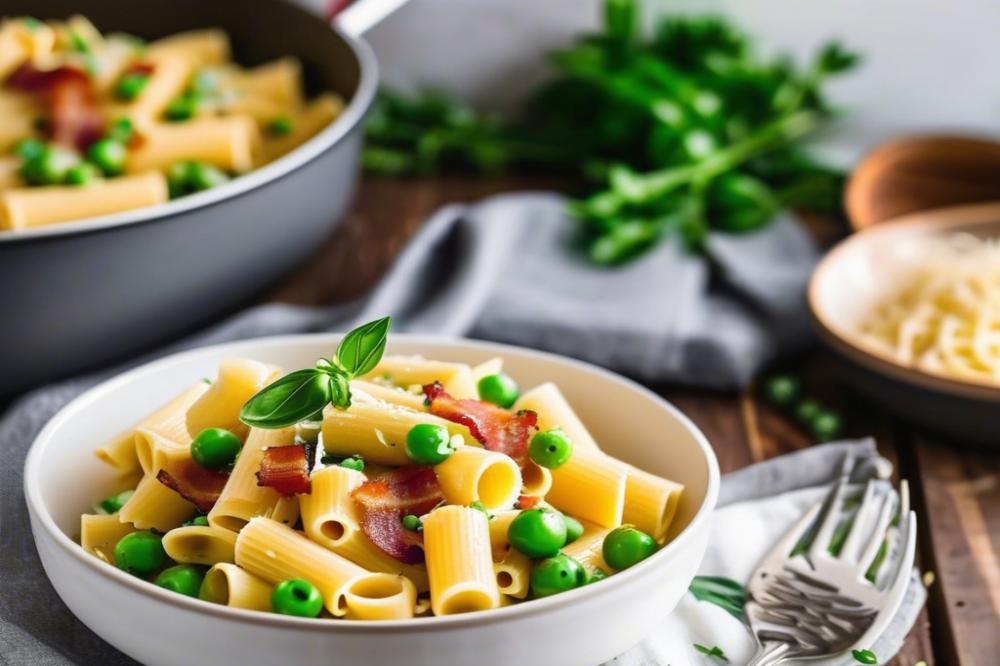 One-Pot Creamy Alfredo Rigatoni With Bacon And Peas Delight