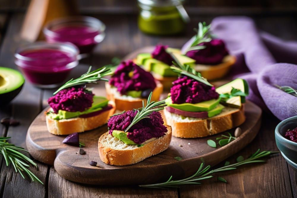 Rosemary Crostini With Cheddar, Beetroot Dip, And Avocado
