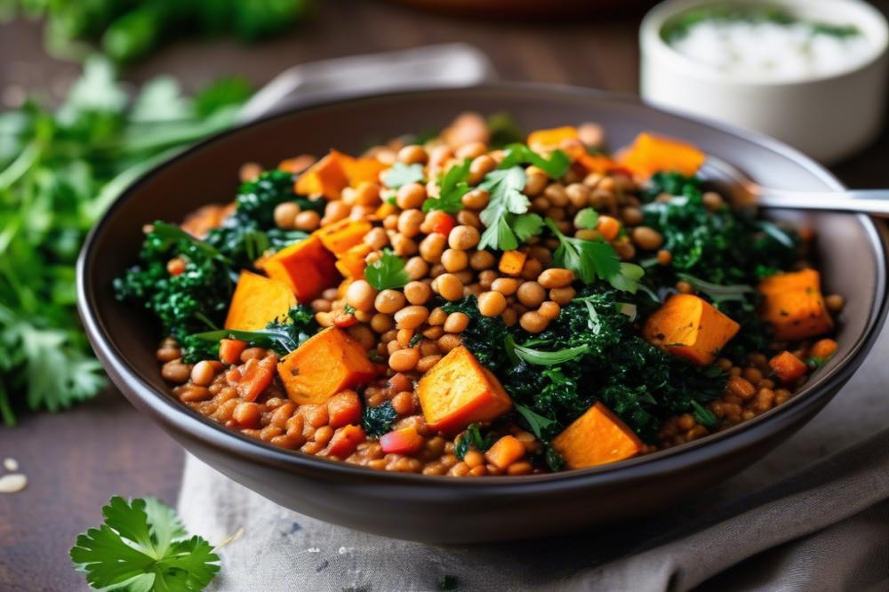 Spicy Harissa Coconut Lentils With Kale & Roasted Sweet Potatoes